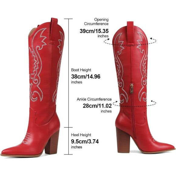 Women's Red Embroidered Wide Calf Chunky Knee High Heels Western Boots - Picture 6 of 7